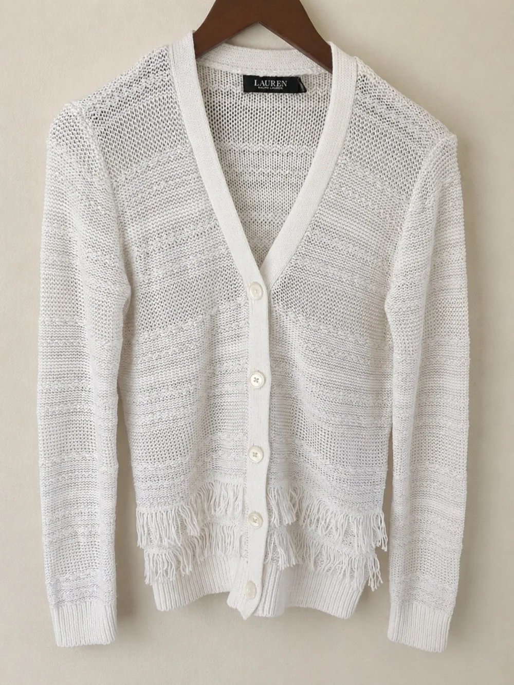 Ralph Lauren Linen Blend Fringe Cardigan Sweater White Coastal Preppy Size Small - Picture 2 of 6